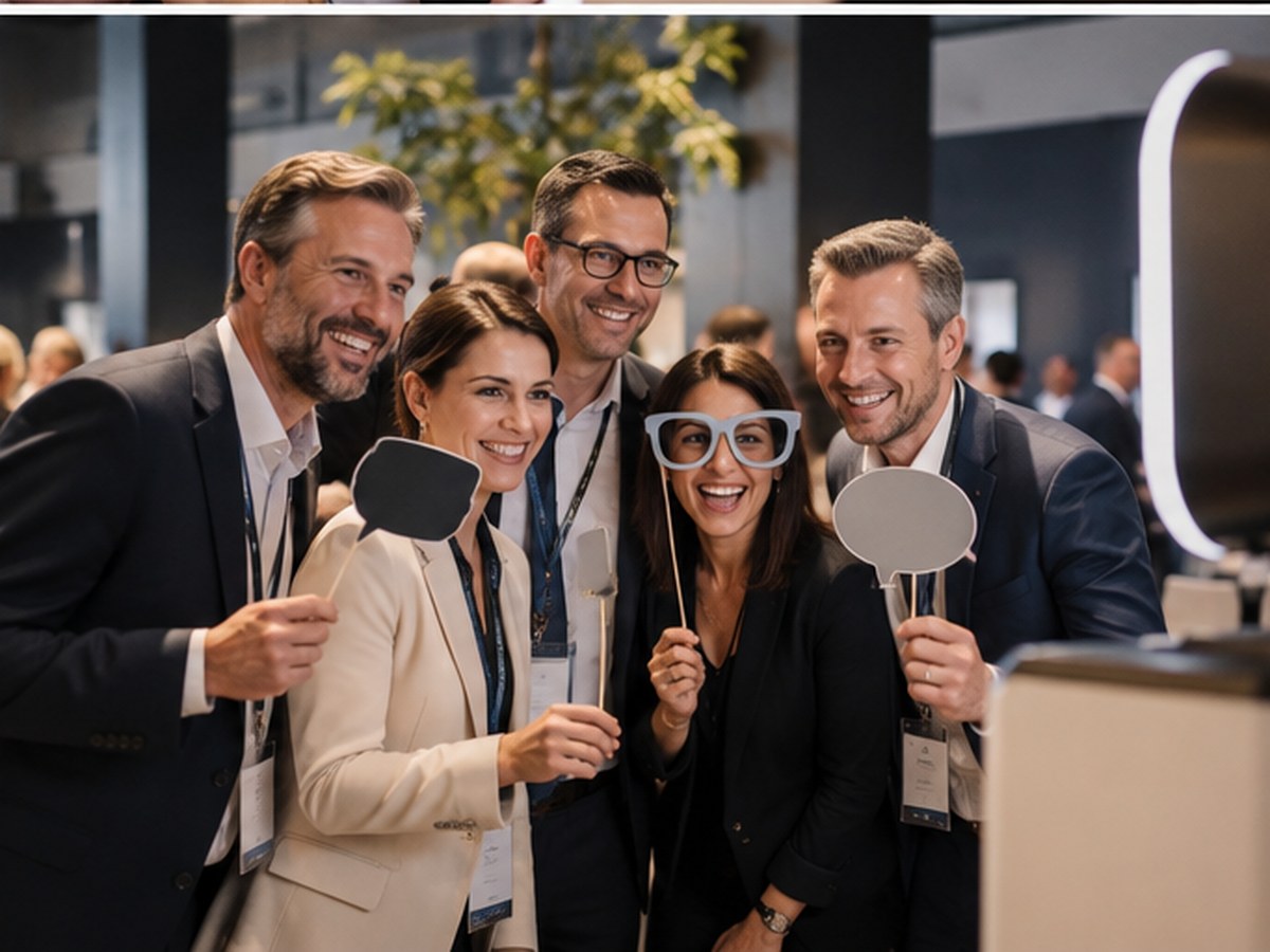 Geschäftsleute bei einem Corporate Event vor einer Fotobox